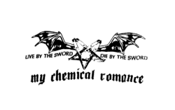 An mcr logo of a pentacle with bat wings that says "live by the sword die by the sword"